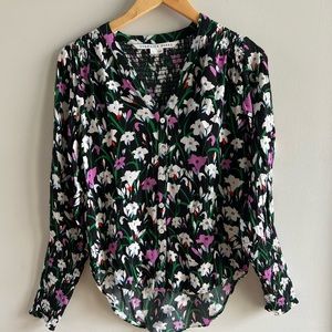 Veronica Beard Maree Top Black Floral Smock Sleeve V Neck Button Front Size 4